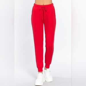 Red Cotton Blend French Terry Activewear Jogger Pants